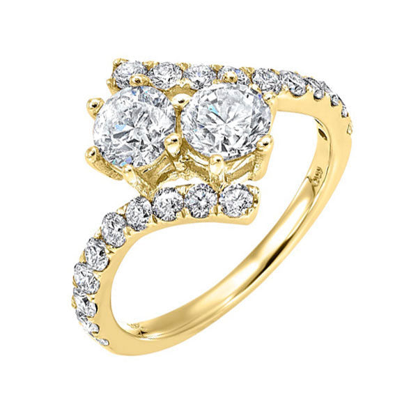 14KT Yellow Gold & Diamond TWO Stone Jewelery Fashion Ring  - 1-1/2 ctw